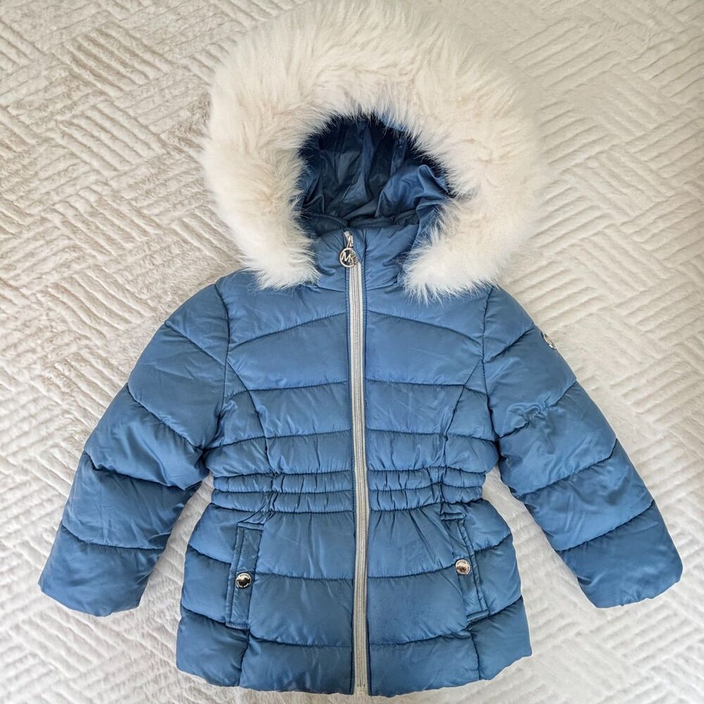 Michael Kors Girls Size 4T Blue Puffer Coat Faux Fur Hooded Winter Jacket Warm